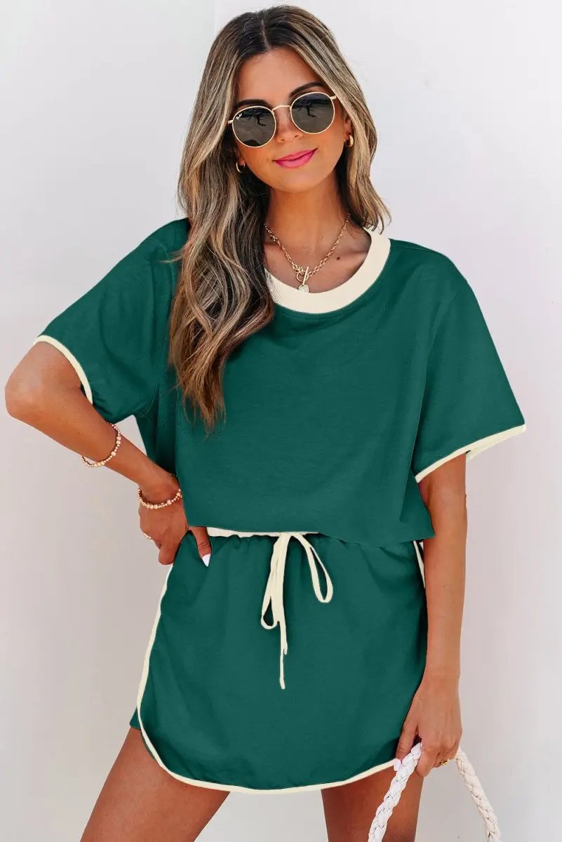 Evergreen Colorblock Edge Drop Shoulder T Shirt and Skort Set - Love Salve